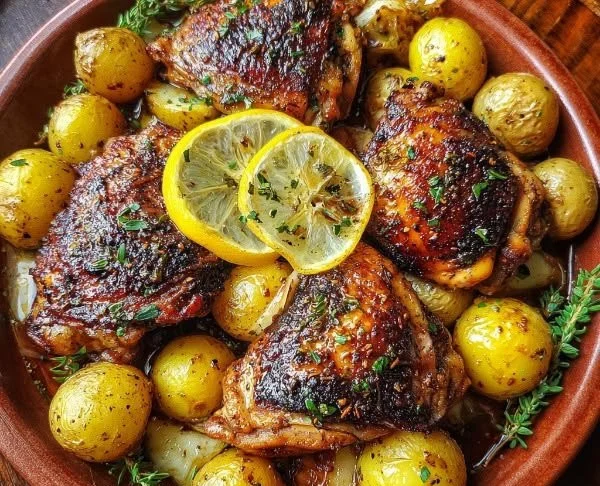 Lemon balsamic sheet pan chicken with potatoes ready to serve