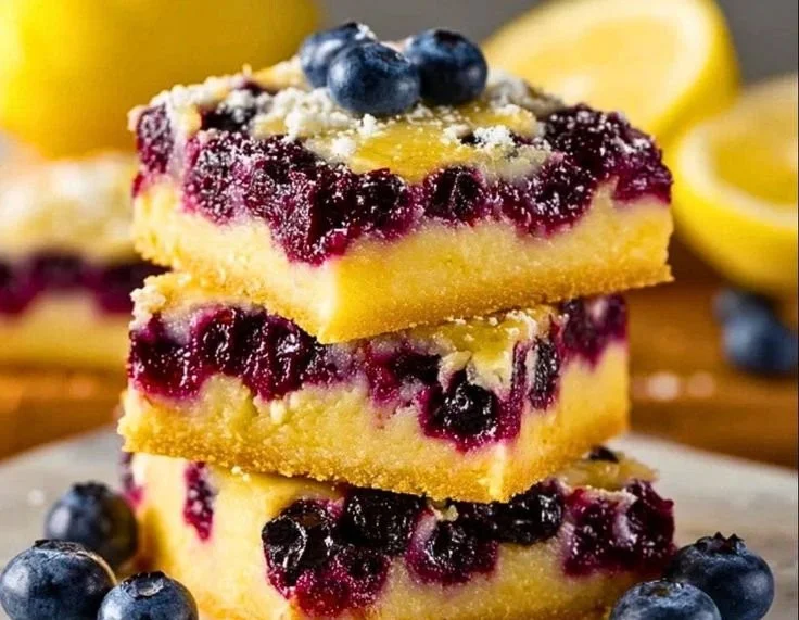 Freshly baked lemon blueberry bars topped with a sprinkle of powdered sugar.