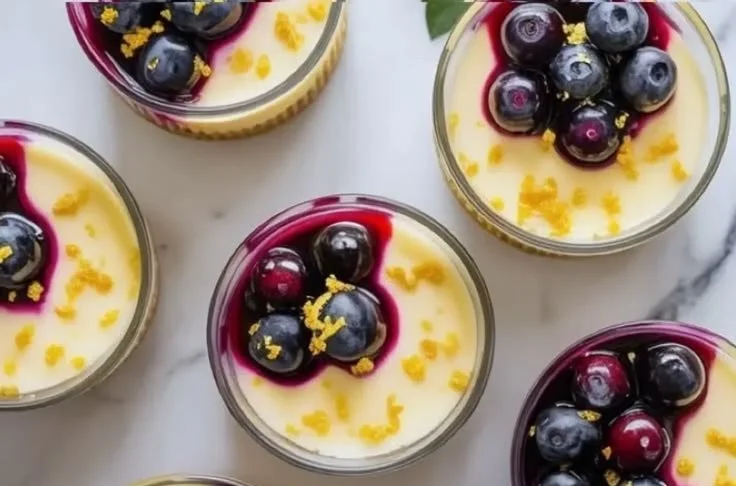 Lemon blueberry cheesecake cups in a dessert glass
