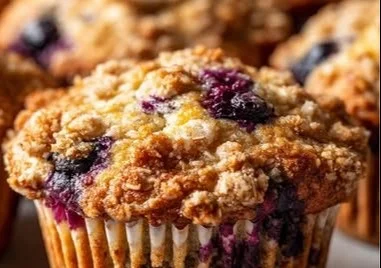 Lemon blueberry yogurt oat muffins fresh from the oven