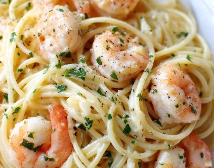 Lemon Butter Shrimp Spaghetti topped with parsley and lemon slices