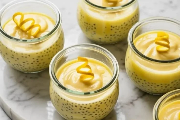 Delicious lemon chia pudding topped with lemon zest and chia seeds in a glass bowl.