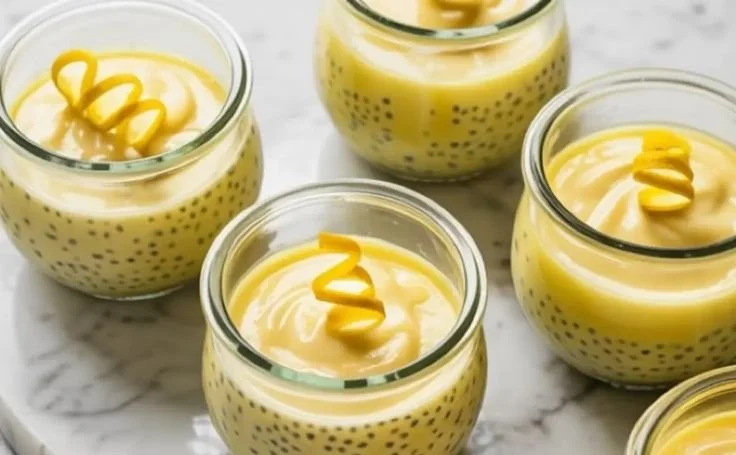 Delicious Lemon Chia Pudding in a bowl with fresh lemon slices