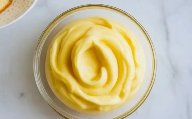 Lemon cream cheese cake filling topped on a freshly baked cake
