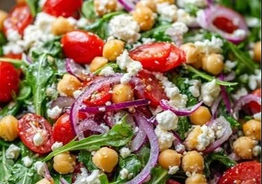 Lemon-Dijon Chickpea Arugula Salad in a bowl with vibrant ingredients