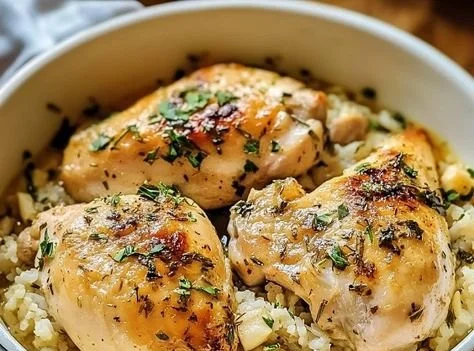 Lemon Herb Slow Cooker Chicken served over a bed of rice in a rustic bowl.