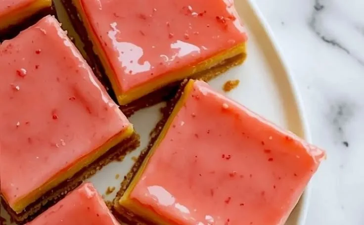 Delicious homemade Lemon Strawberry Bars on a white plate