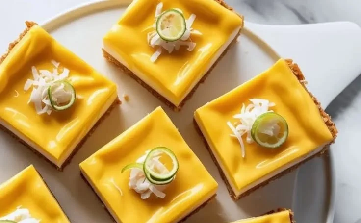 Delicious Mango Coconut Key Lime Bars topped with lime zest and coconut flakes.