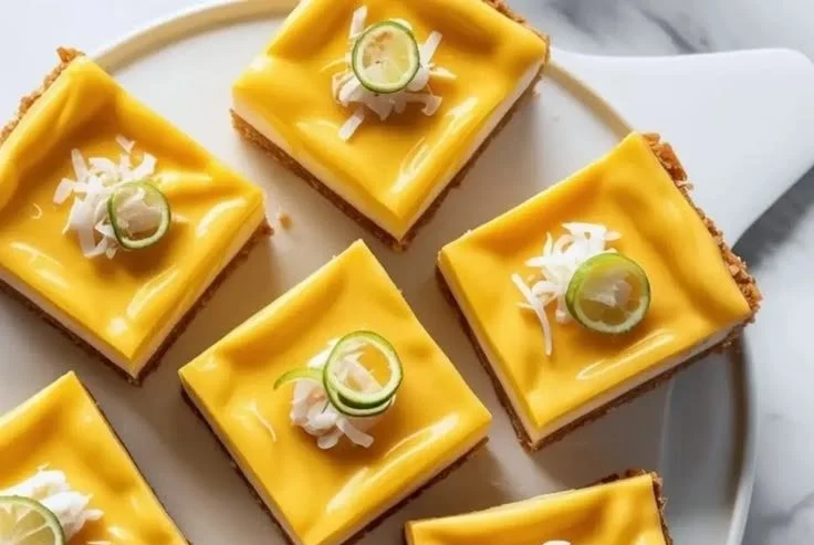Mango Coconut Key Lime Bars with a creamy topping and tropical fruit garnish