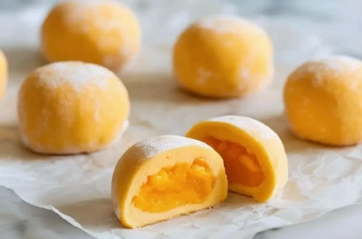 Delicious Mango Mochi dessert with mango filling and rice dough