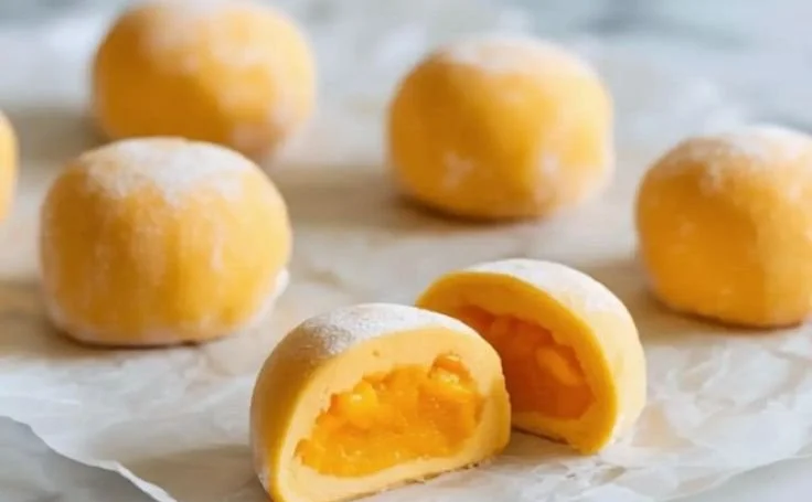 Delicious mango mochi dessert with a soft, chewy texture and vibrant mango flavor.
