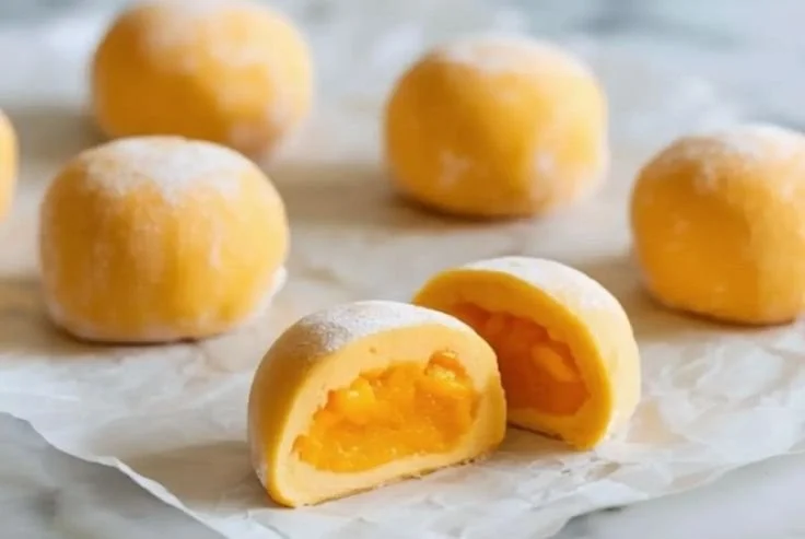 Delicious Mango Mochi dessert with juicy mango filling wrapped in soft rice cake.