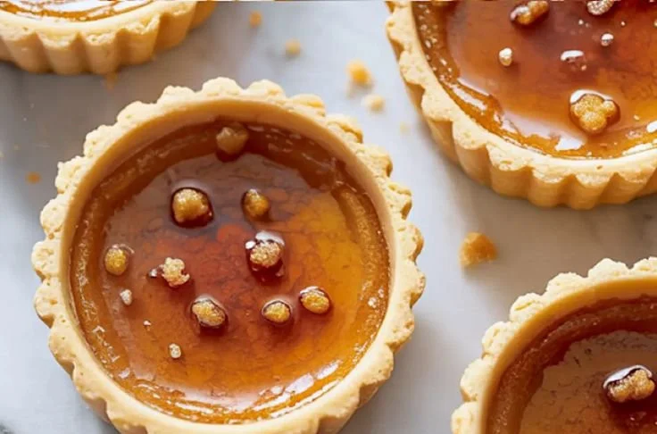 Maple brown butter tartlets on a wooden table with a drizzle of syrup