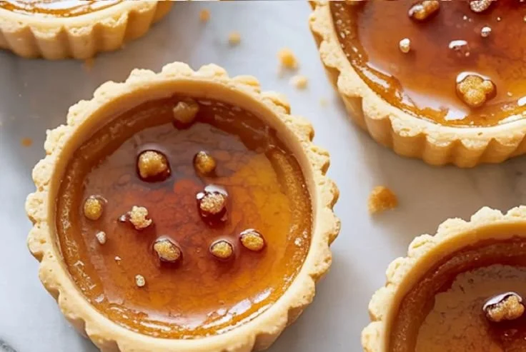 Maple Brown Butter Tartlets on a plate, drizzled with syrup.