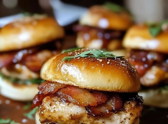 Maple Chicken Bacon Sliders served on a platter with toppings