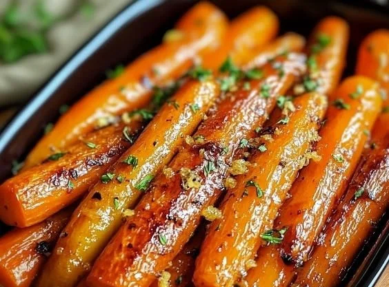 Maple Dijon Roasted Carrots served on a plate, garnished and ready to enjoy.
