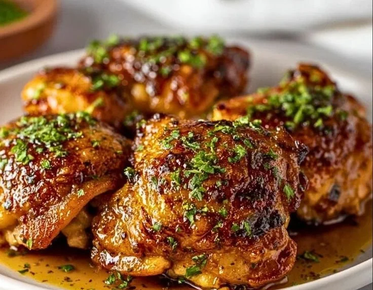 Maple Glazed Chicken Thighs garnished and ready to serve