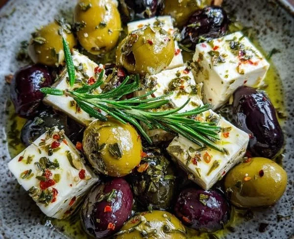 Delicious marinated olives with feta cheese in a serving bowl