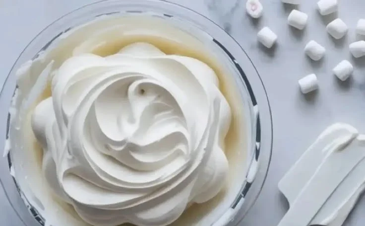 Delicious marshmallow cake filling in a mixing bowl prepared for frosting