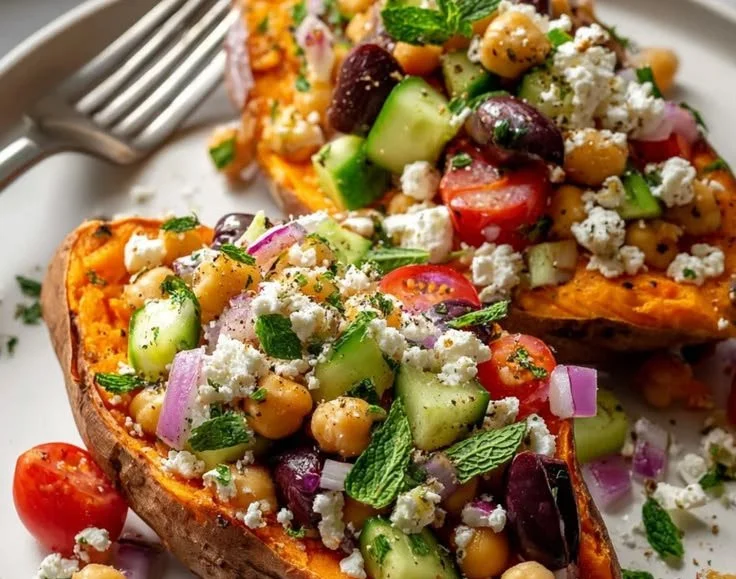 Mediterranean stuffed sweet potatoes topped with fresh herbs and vegetables