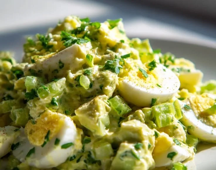Mediterranean-Style Avocado Egg Salad served in a bowl with fresh ingredients