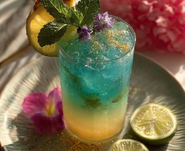 Refreshing Mermaid Water Mocktail with vibrant colors and tropical fruits