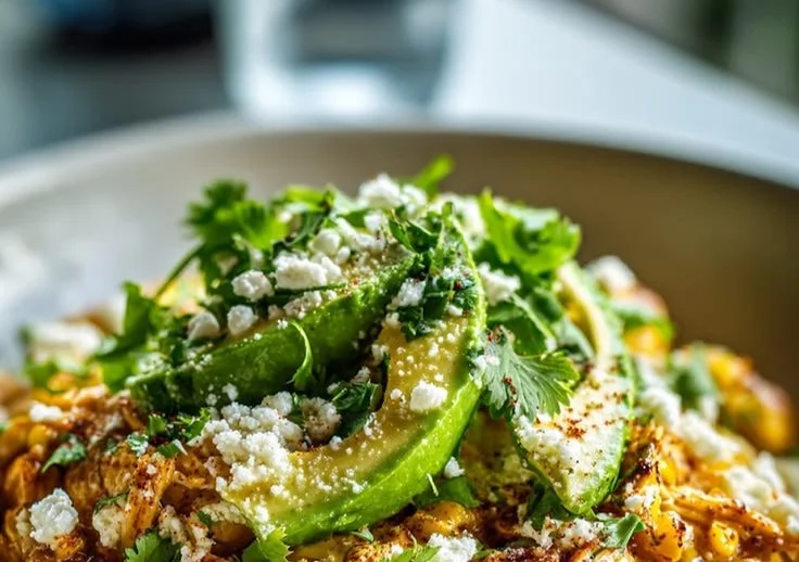 Mexican Street Corn Chicken Bowl topped with cheese and cilantro