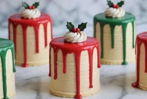 Mini Christmas drip cakes decorated with festive icing and holiday toppings