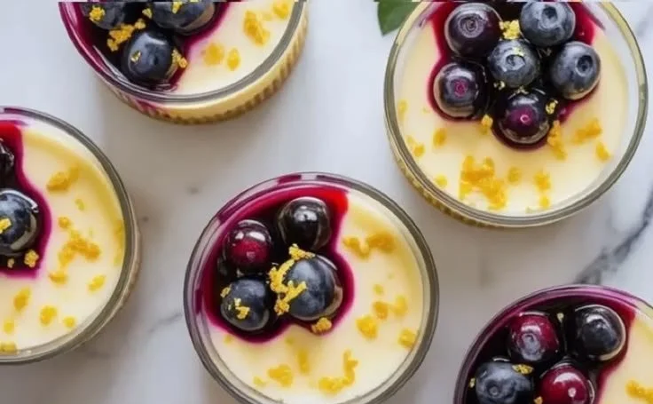 Mini lemon blueberry cheesecake cups topped with fresh blueberries and lemon zest