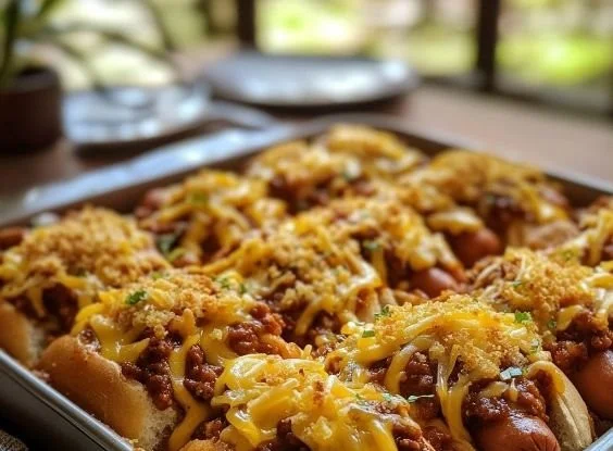 Miniature Chili Cheese Dog Sliders topped with cheese and chili