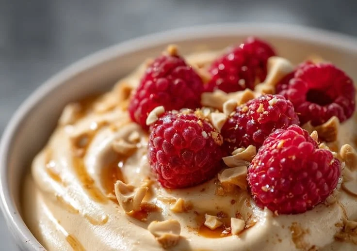 Creamy Minute Cottage Cheese Peanut Butter Mousse served in a bowl