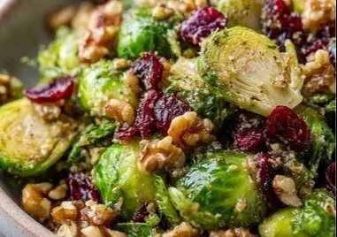 Delicious Minute Warm Brussels Salad with Whole-Grain Mustard Dressing served in a bowl.