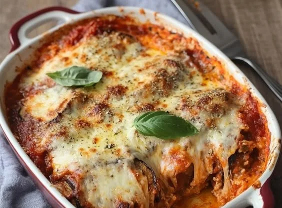 Delicious modern Eggplant Parmesan dish served with cheese and herbs