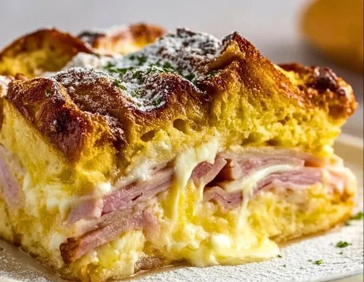 Delicious Monte Cristo breakfast casserole with ham, cheese, and bread layers