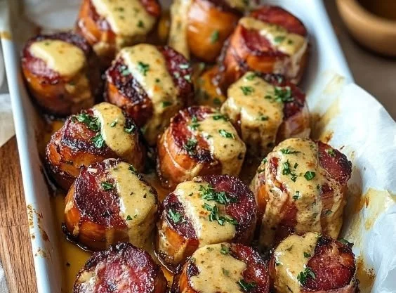 Mustard-glazed Hasselback kielbasa bites on a serving platter