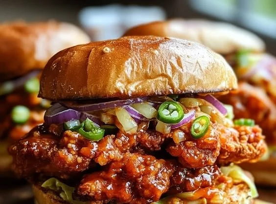 Delicious Nashville-style spicy chicken sandwich with crispy coating and toppings