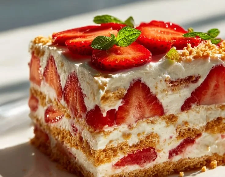 No-Bake Strawberry Cheesecake Icebox Cake garnished with fresh strawberries