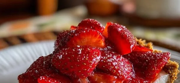 Delicious no-bake strawberry pie topped with fresh strawberries.