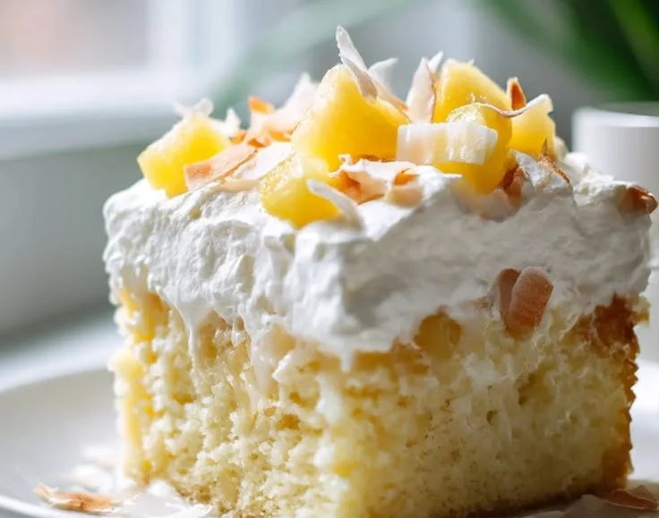 Non-alcoholic Pina Colada Tres Leches Cake topped with coconut and pineapple