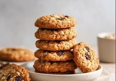 Freshly baked oatmeal raisin cookies on a cooling rack.