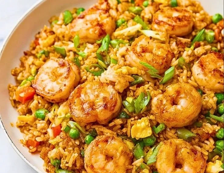 One-Skillet Shrimp Fried Rice served in a bowl with vibrant vegetables and shrimp