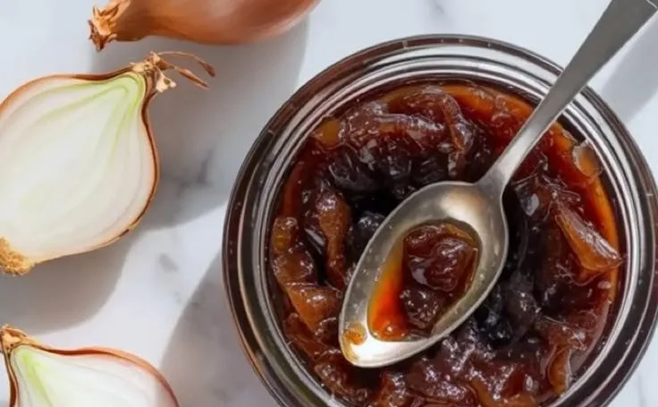 Homemade onion jam in a jar for gourmet spreads and recipes