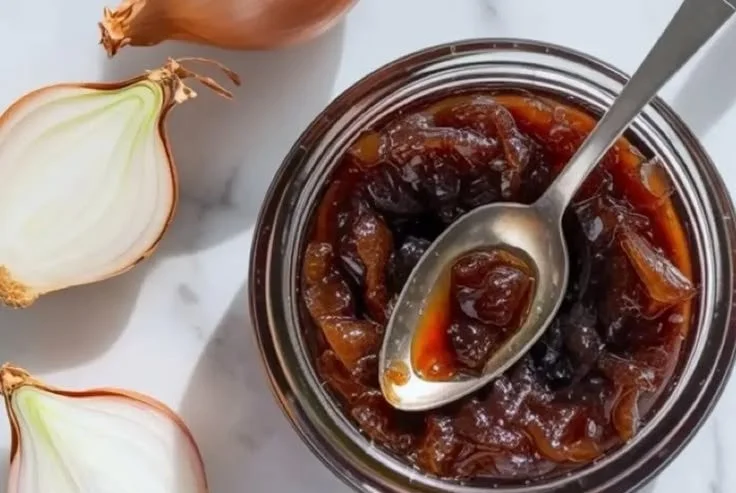 Homemade onion jam in a jar, ideal for gourmet recipes and gifts.