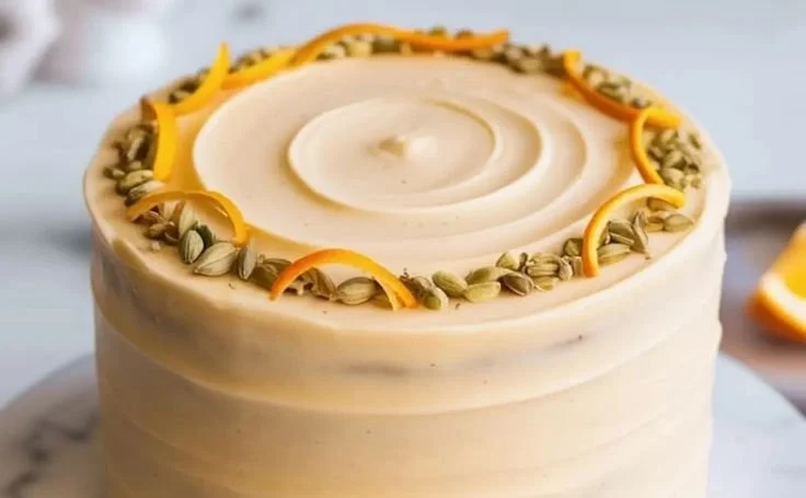 Delicious slice of Orange Cardamom Cake topped with orange zest