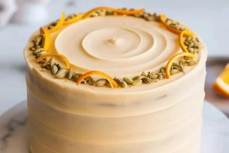 Delicious Orange Cardamom Cake topped with citrus glaze and fresh orange slices.