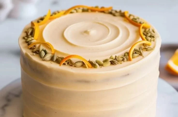 Sliced orange cardamom cake on a plate, showcasing its moist texture and fresh orange topping.