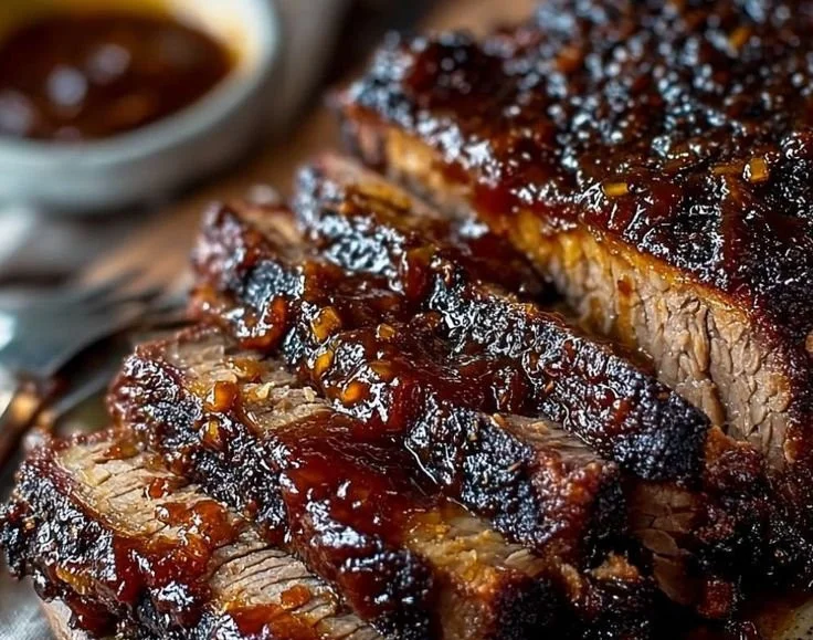 Oven-baked BBQ brisket served on a wooden cutting board with sauce and sides.