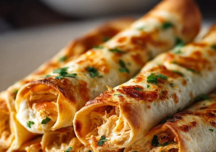 Oven-baked Cream Cheese Chicken Taquitos served on a platter with dipping sauce