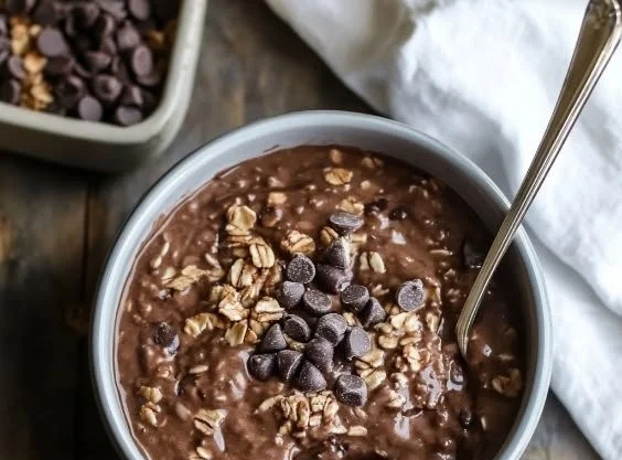 Delicious bowl of chocolate overnight oats topped with fresh fruits