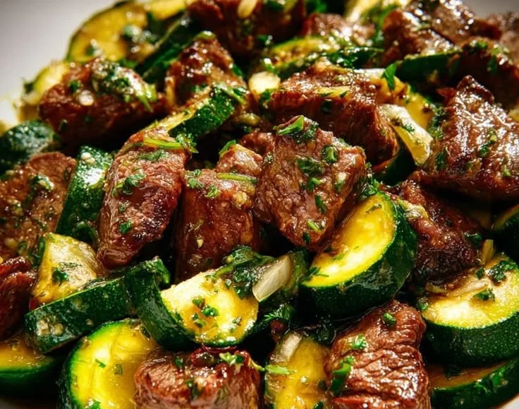 Delicious pan-seared garlic butter steak bites served with zucchini